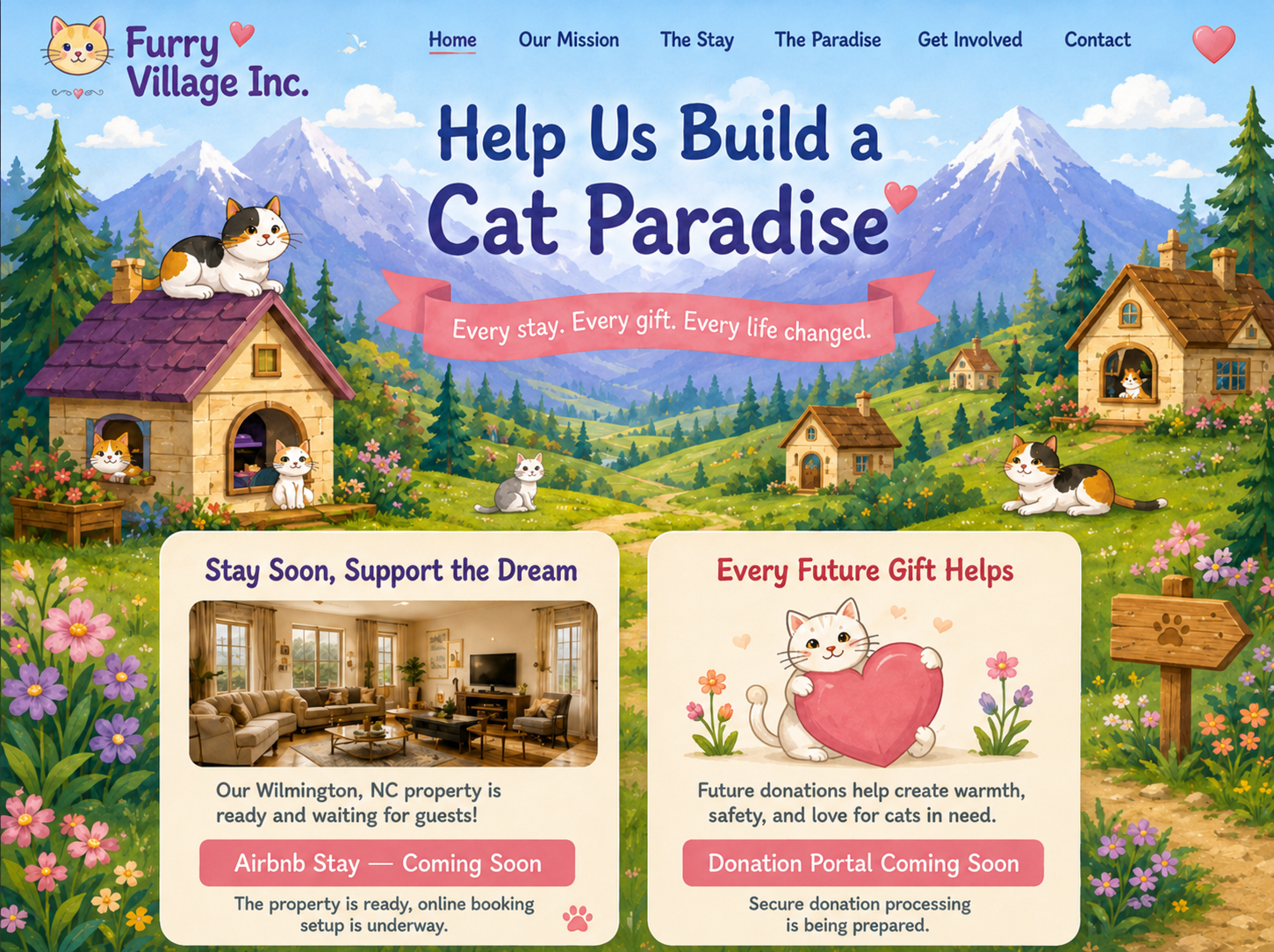 Furry Village Inc. whimsical cat paradise homepage with mountain scenery, cat cottages, flowers, a Wilmington stay card, and a donation portal coming soon card.