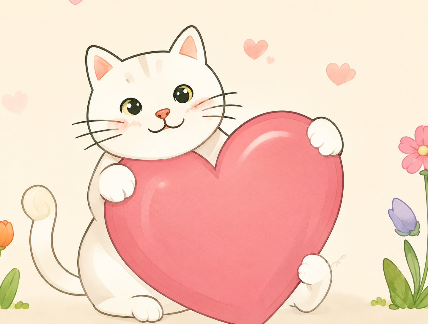 Cute cat hugging a pink heart with flowers.